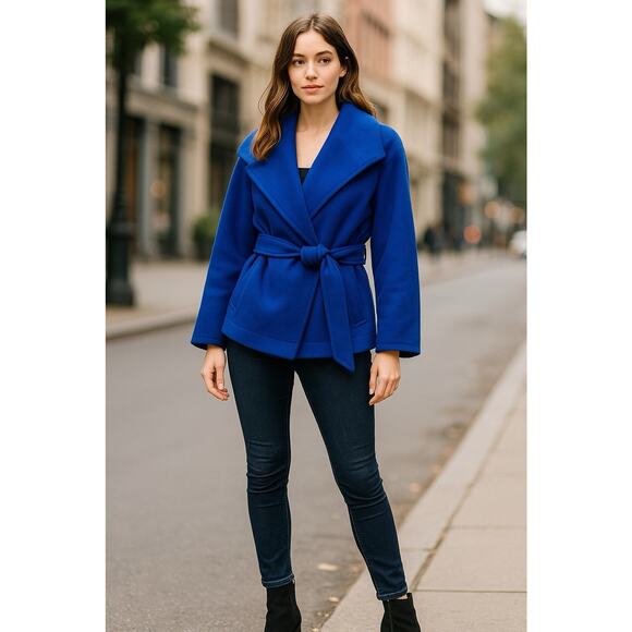 Free People Women’s Jacket XL Blue Belted Wrap Coat Oversized Collar - Picture 1 of 10